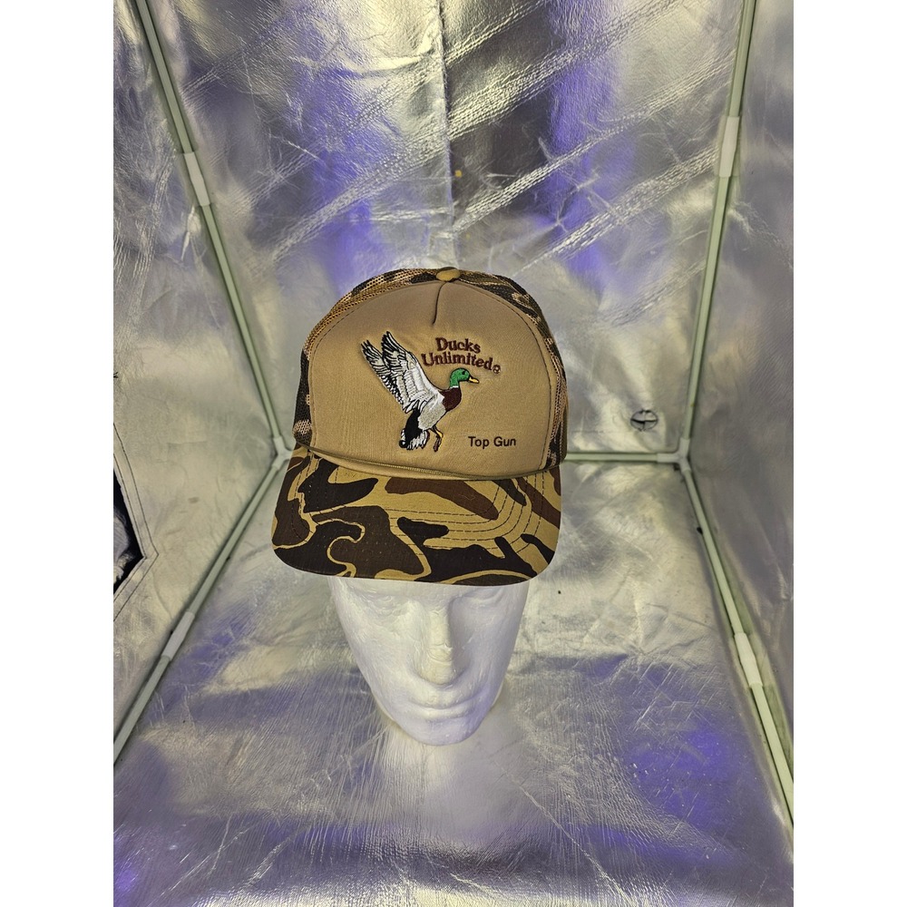 Vintage Ducks Unlimited Top Gun Camo Mesh Trucker Hat Snapback Brown Tan Mallard